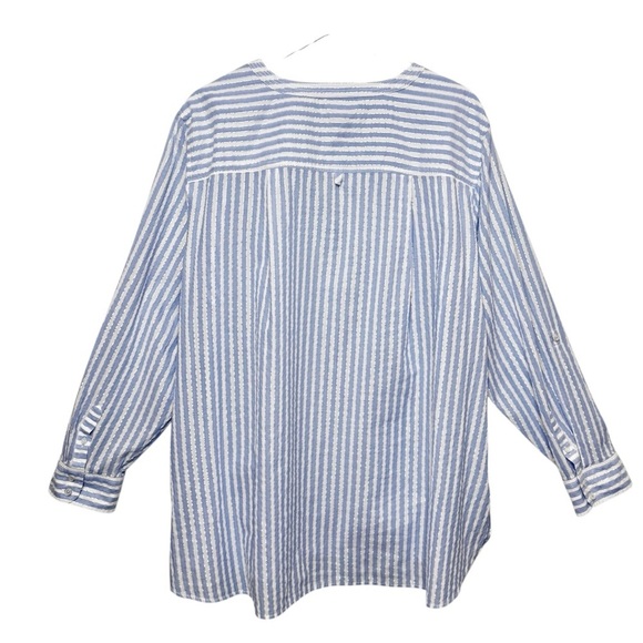 Talbots Seersucker Blue Stripe Metallic Lurex Side Button Women’s Tunic Sz 3X - Picture 9 of 11
